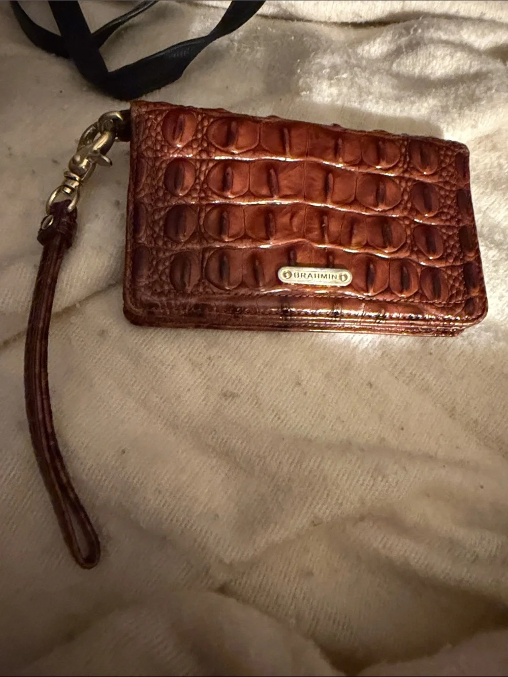 Women's Brahmin pecan Croc-Embossed Satchel Handbag in Cognac Brown with wallet